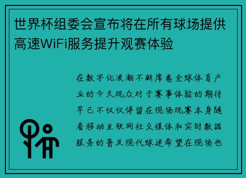 世界杯组委会宣布将在所有球场提供高速WiFi服务提升观赛体验
