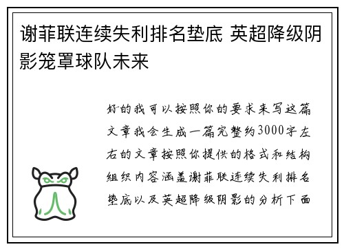 谢菲联连续失利排名垫底 英超降级阴影笼罩球队未来